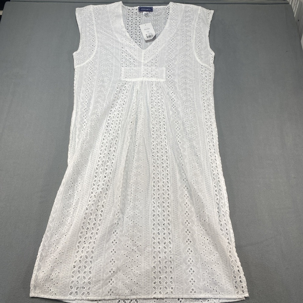 Crown & Ivy Women's One Size White Eyelet Beach Dress Coverup Summer Coastal NWT